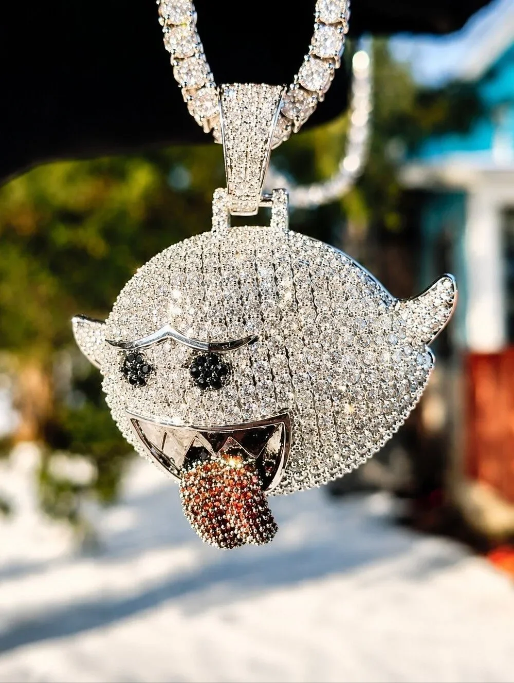 Silver Iced Out Simulated Diamond Ghost Necklace